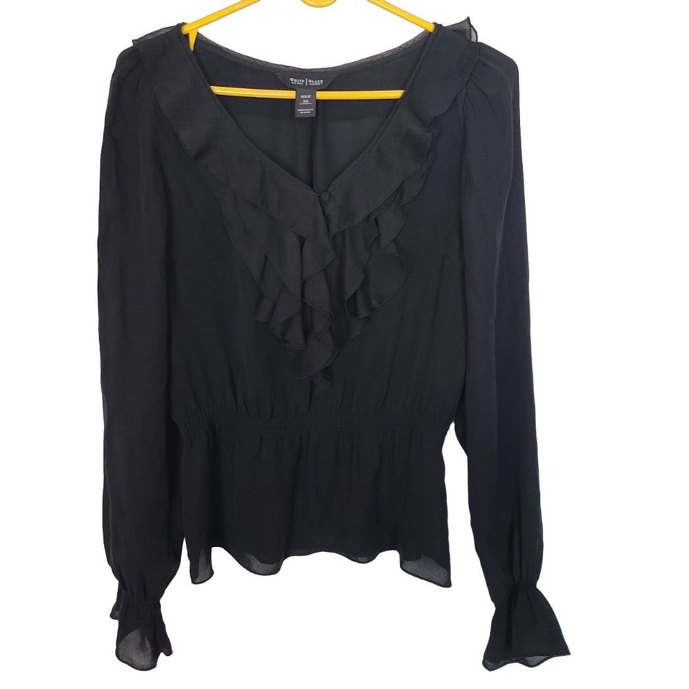 White House Black Market Womens XS Black Long Sleeves Ruffle Front Silk Blouse